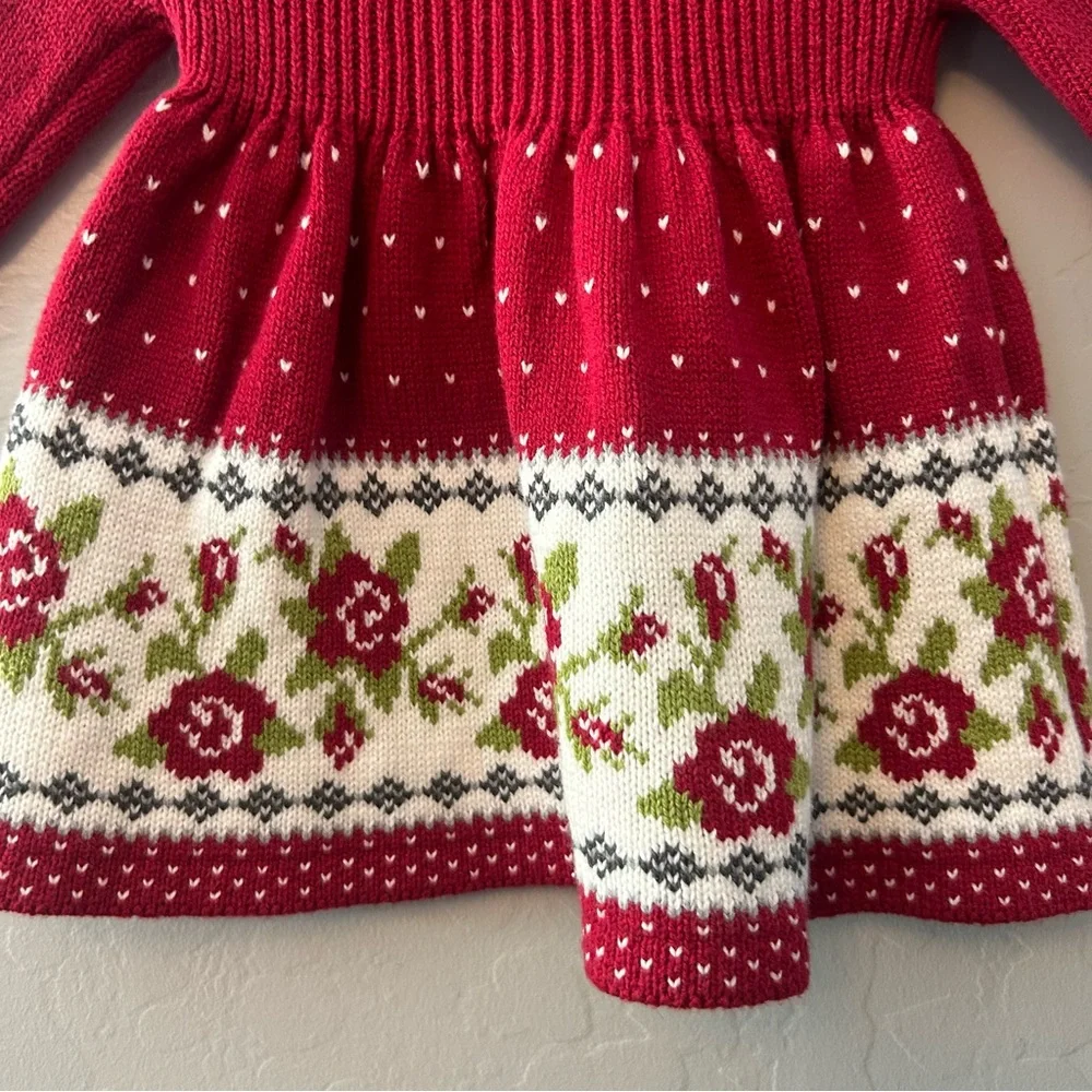 Max Studio baby red floral sweater dress, tight and hat matching set size 0-3 mo